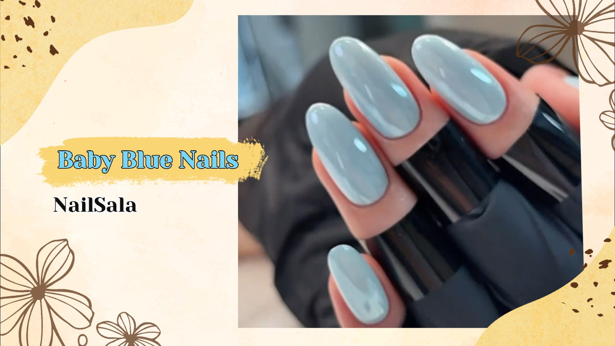A close-up shot of a completed baby blue gel manicure featuring a shimmering white pearl chrome mirror finish on neat, professional-looking natural nails.