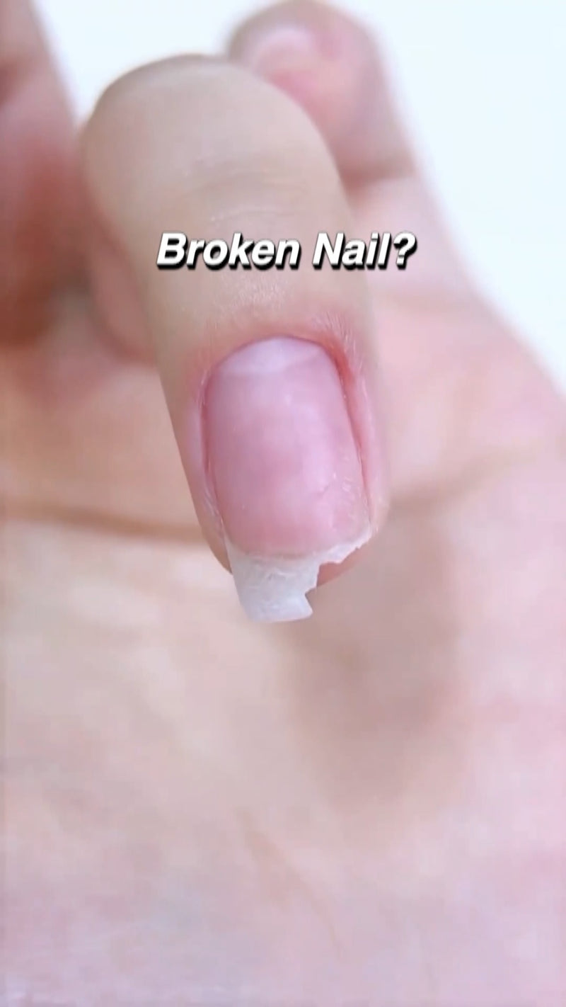 A step-by-step 1:1 tutorial visual showing a natural nail being repaired with a fiberglass wrap and soft builder gel, resulting in a perfectly smooth, strong, and natural-looking finish.
