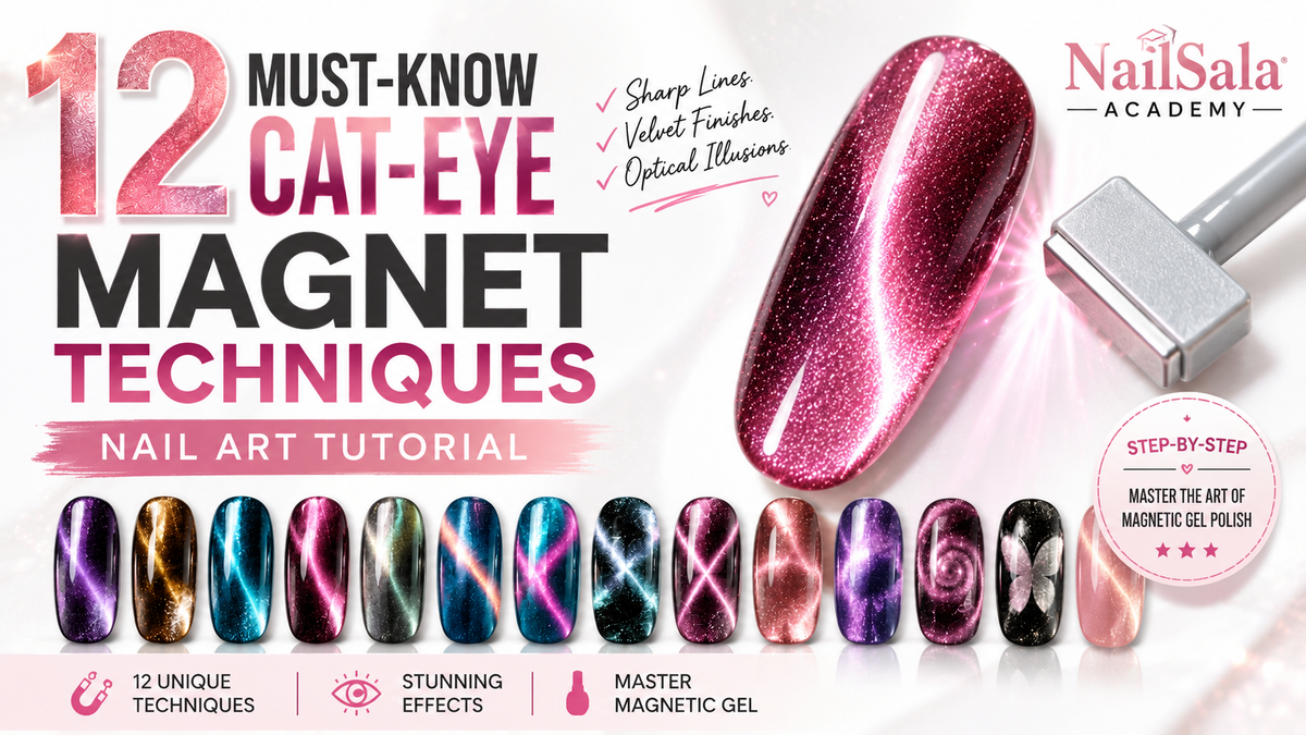 A professional 1:1 tutorial chart displaying 12 individual oval nail tips with unique grey and black magnetic cat-eye patterns, including wide shine, ribbon, black hole, and French styles, arranged on a minimalist light grey background.