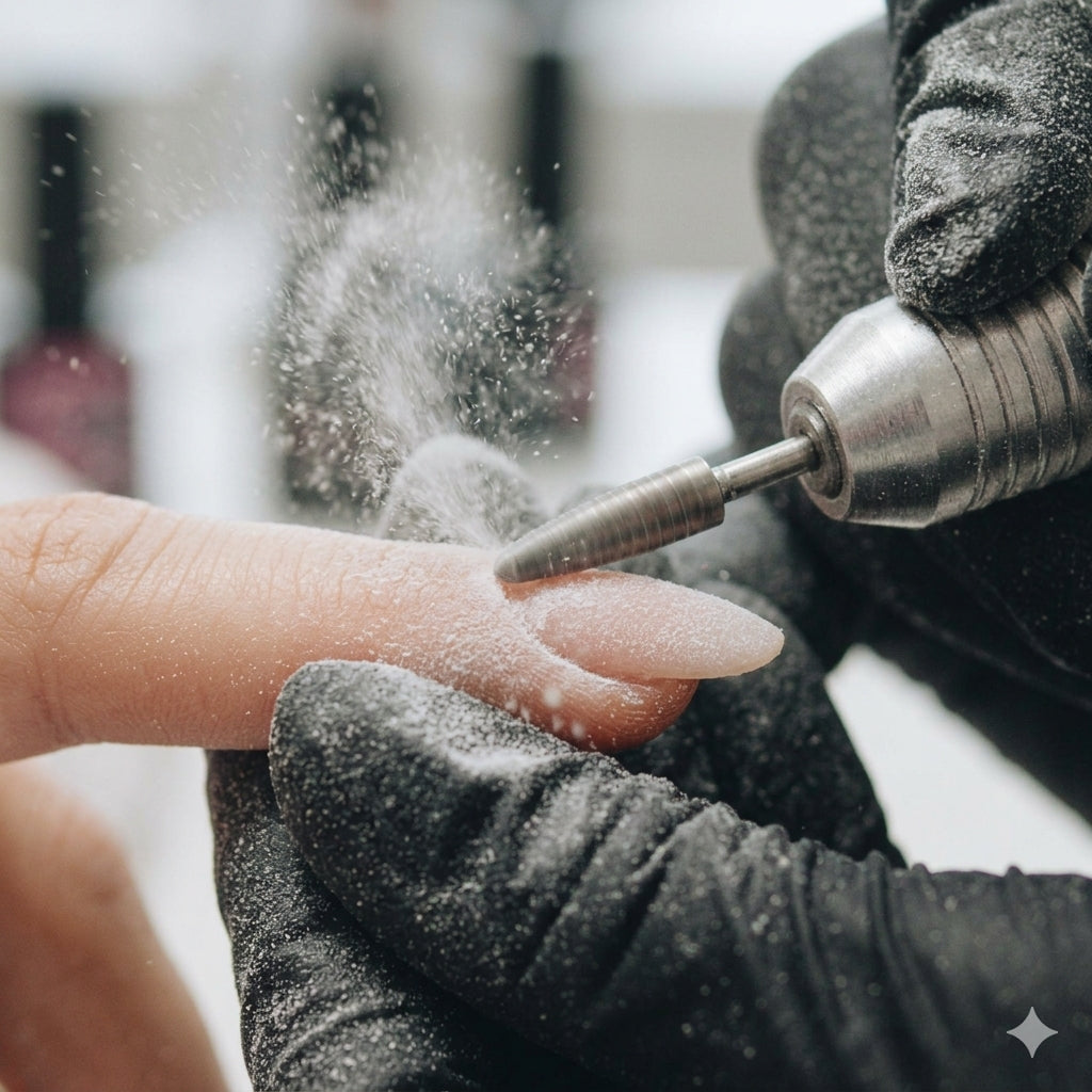 E-file reducing product during nail enhancement removal