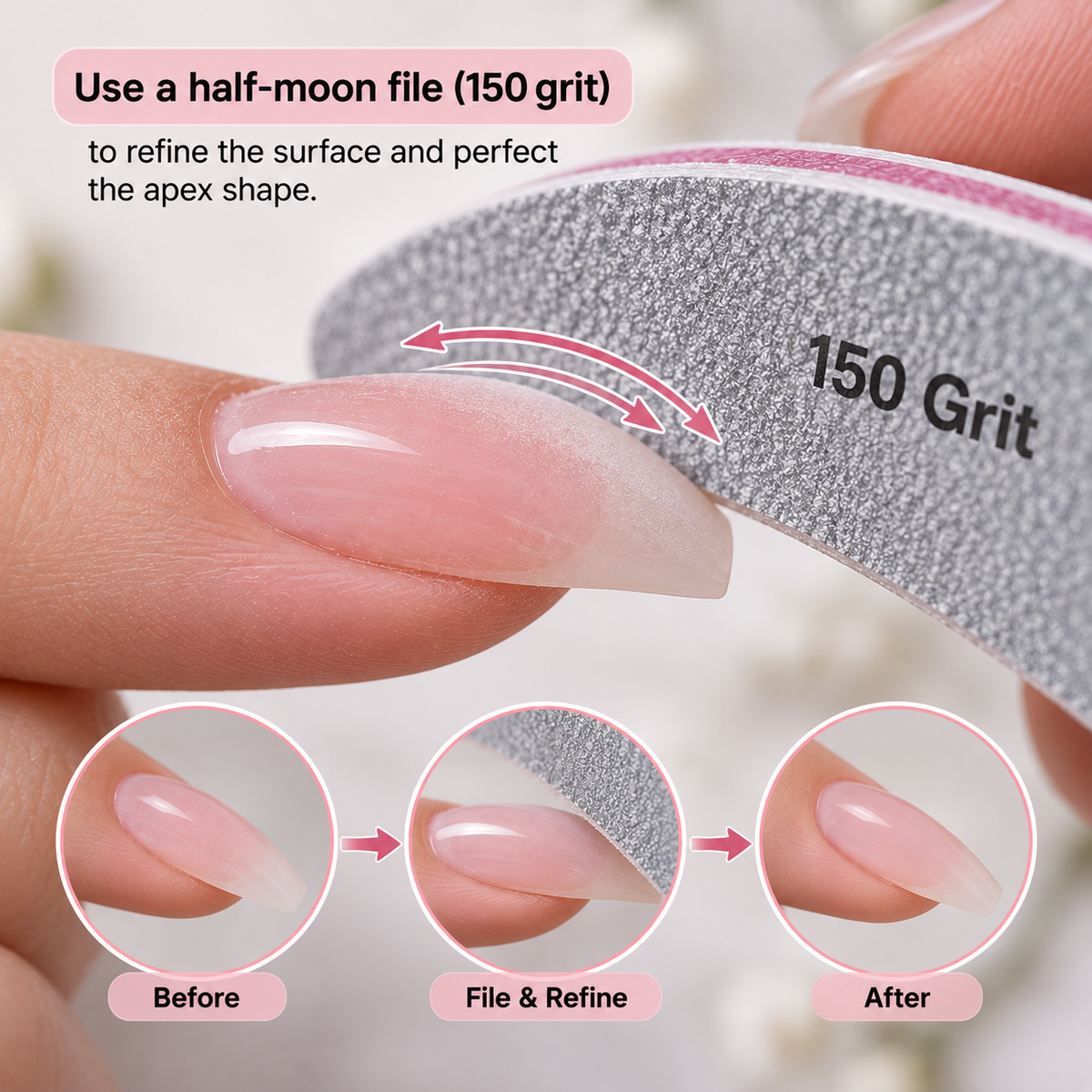 Medium 150 grit halfmoon file refining the top surface of a fresh nail enhancement.