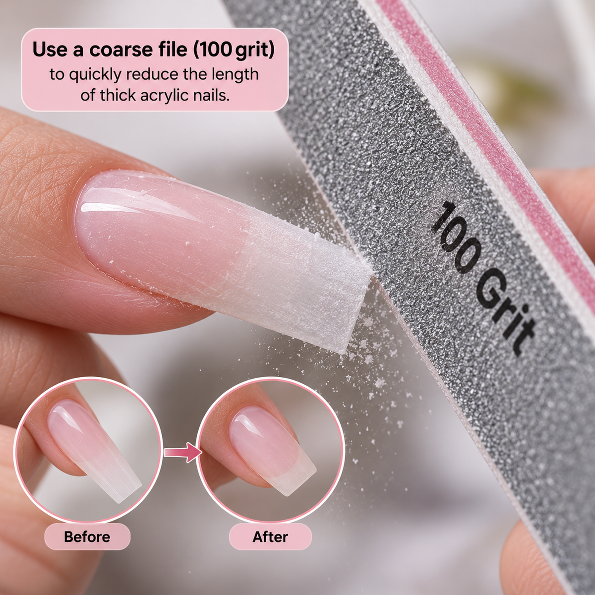 Coarse 100 grit manual file being used to shorten thick artificial acrylic nails.