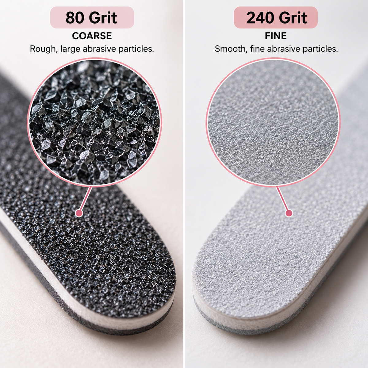 Visual contrast between rough coarse nail file grit and smooth fine nail file grit.
