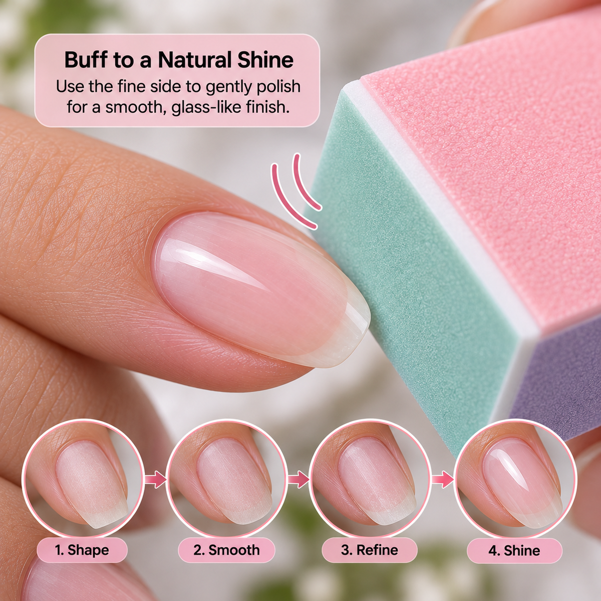 Multi sided buffer block polishing a nail plate to a glass like natural gloss.