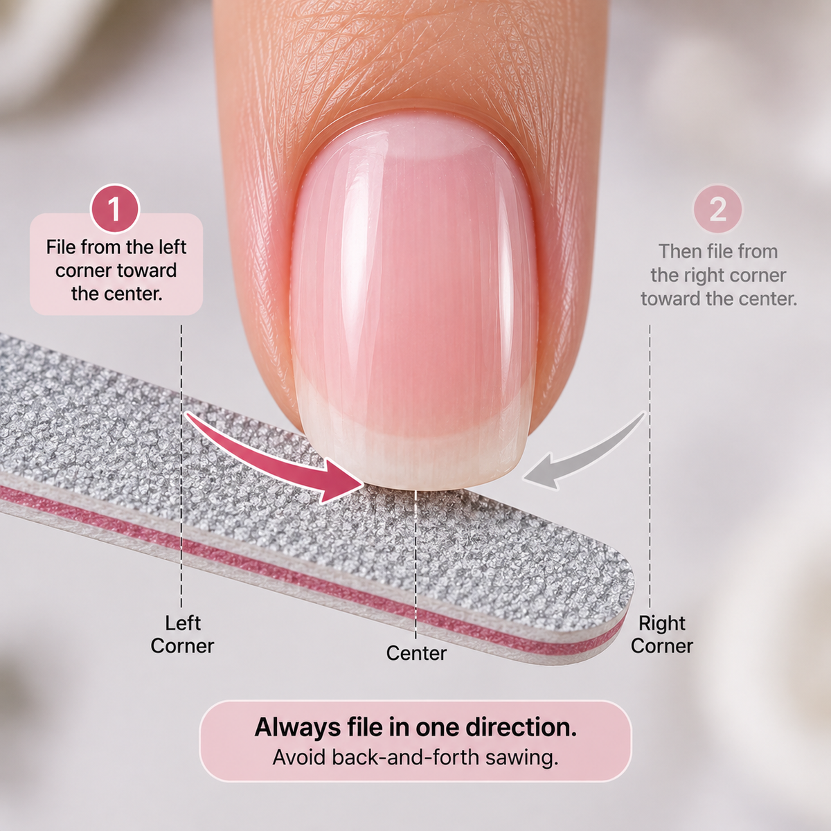 Proper positioning illustrating single-direction stroke direction for manual nail filing.