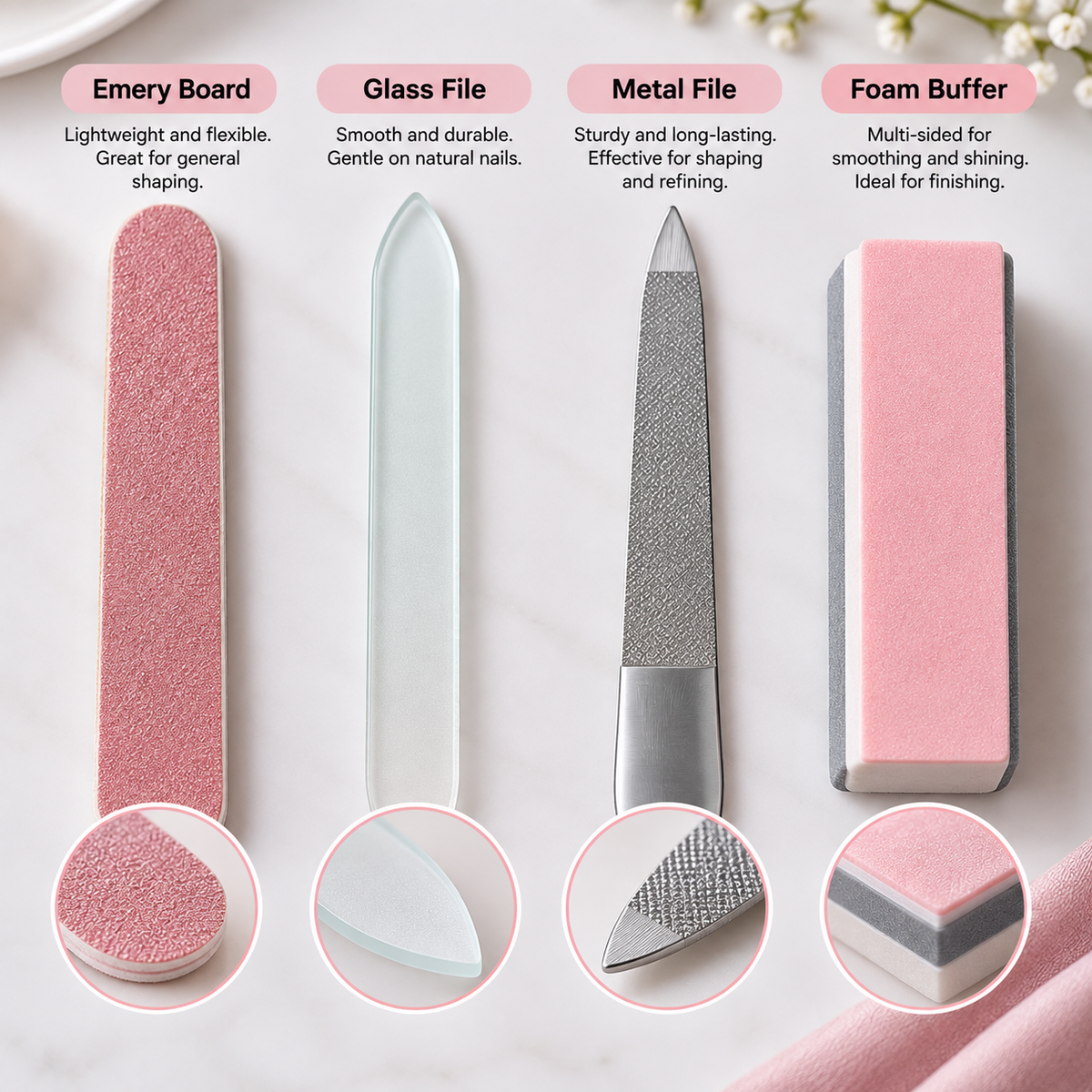 Four different types of manual nail tools showing varied materials and backing styles.
