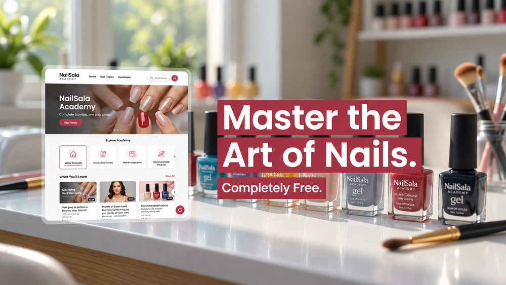 Screenshot of the NailSala Academy homepage interface featuring free step-by-step nail tutorials, video masterclasses, and nail technique troubleshooting guides.