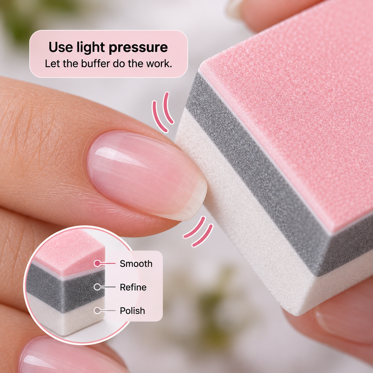 Padded foam buffer block applied gently over a natural nail plate.