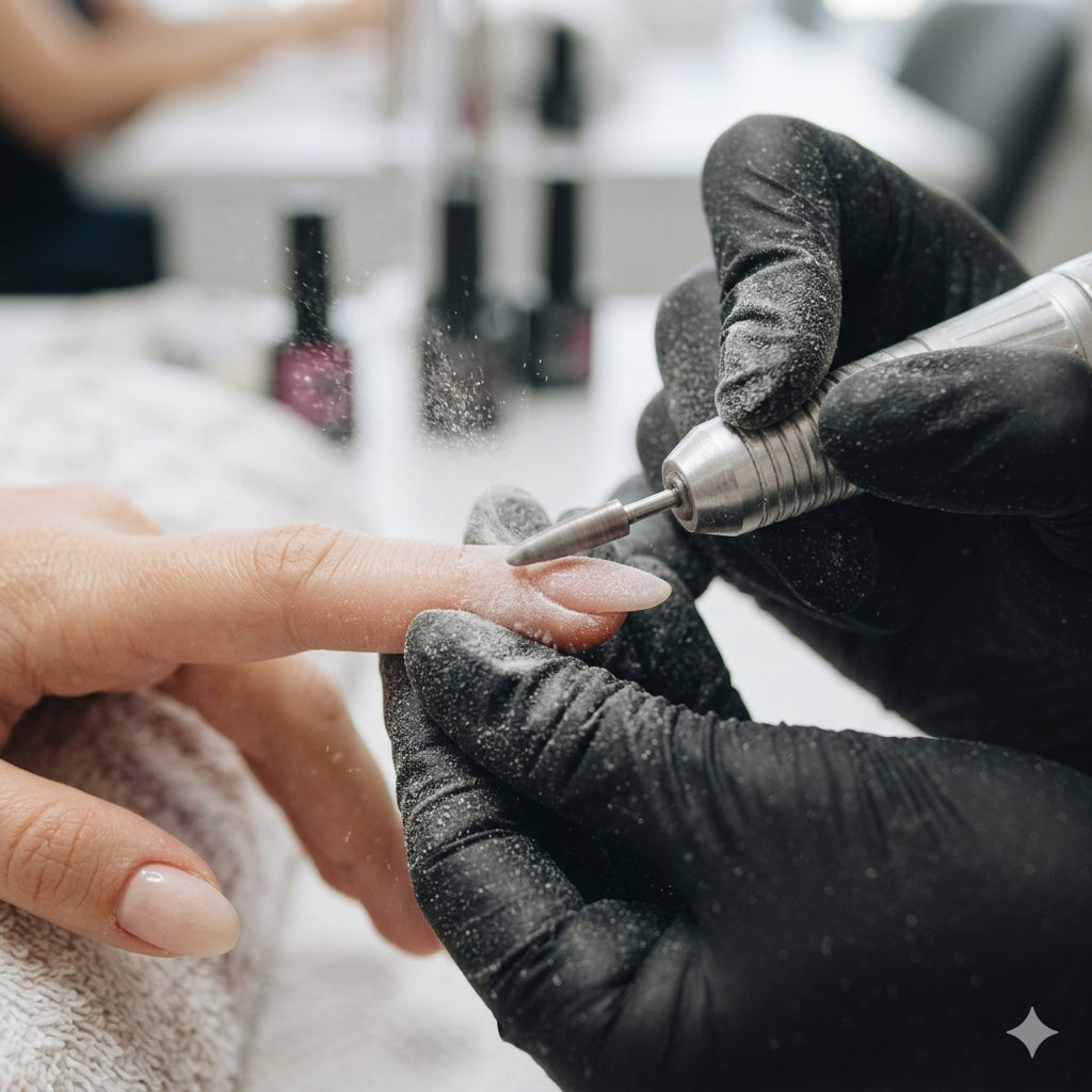 E-file refining the shape and surface of a nail enhancement